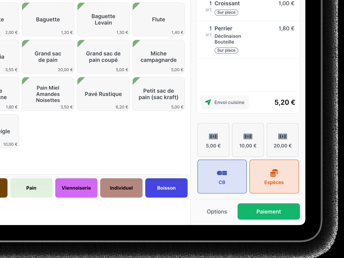 L'écran de prise de commande, catalogue et addition en cours