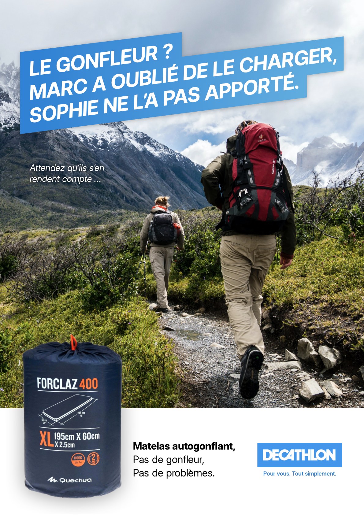 L'affiche : deux randonneurs, l'accroche en biais, le matelas au premier plan