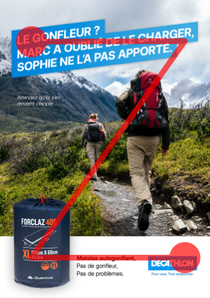 Le chemin de lecture en Z tracé sur l'affiche : accroche, randonneurs, produit, slogan, logo, signature