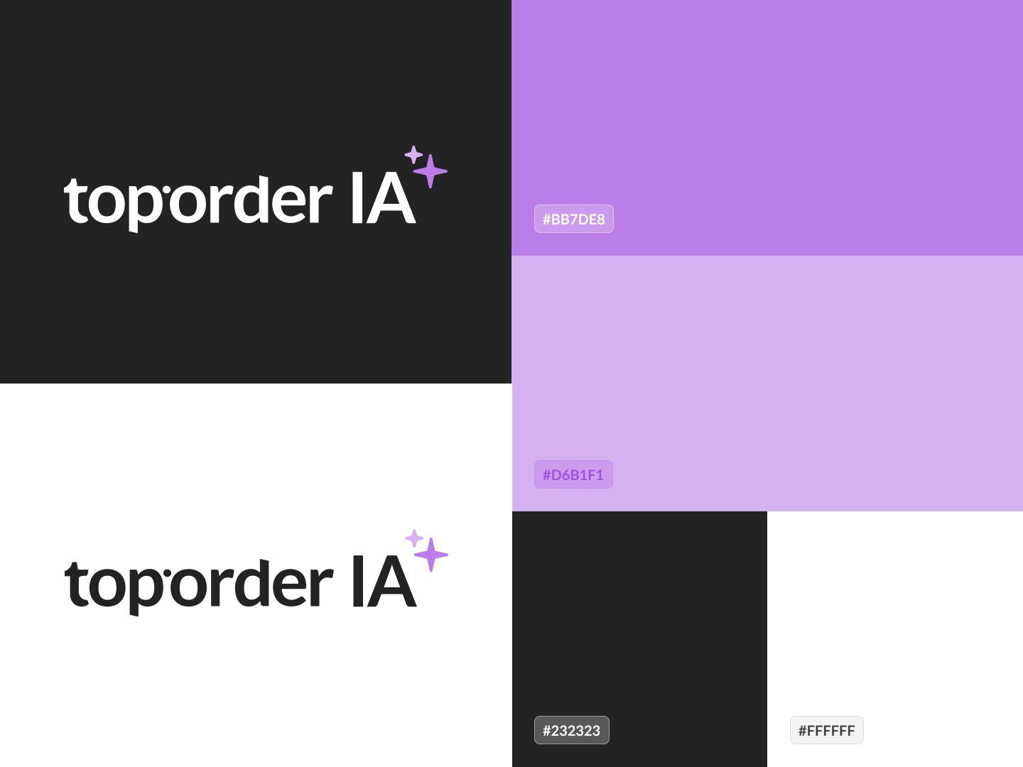 La planche de marque : le logo en blanc sur noir et en noir sur blanc, et les quatre codes couleur