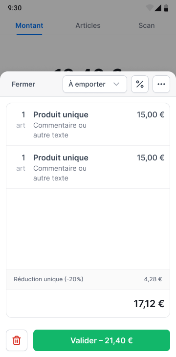 Le panier en cours, articles et total